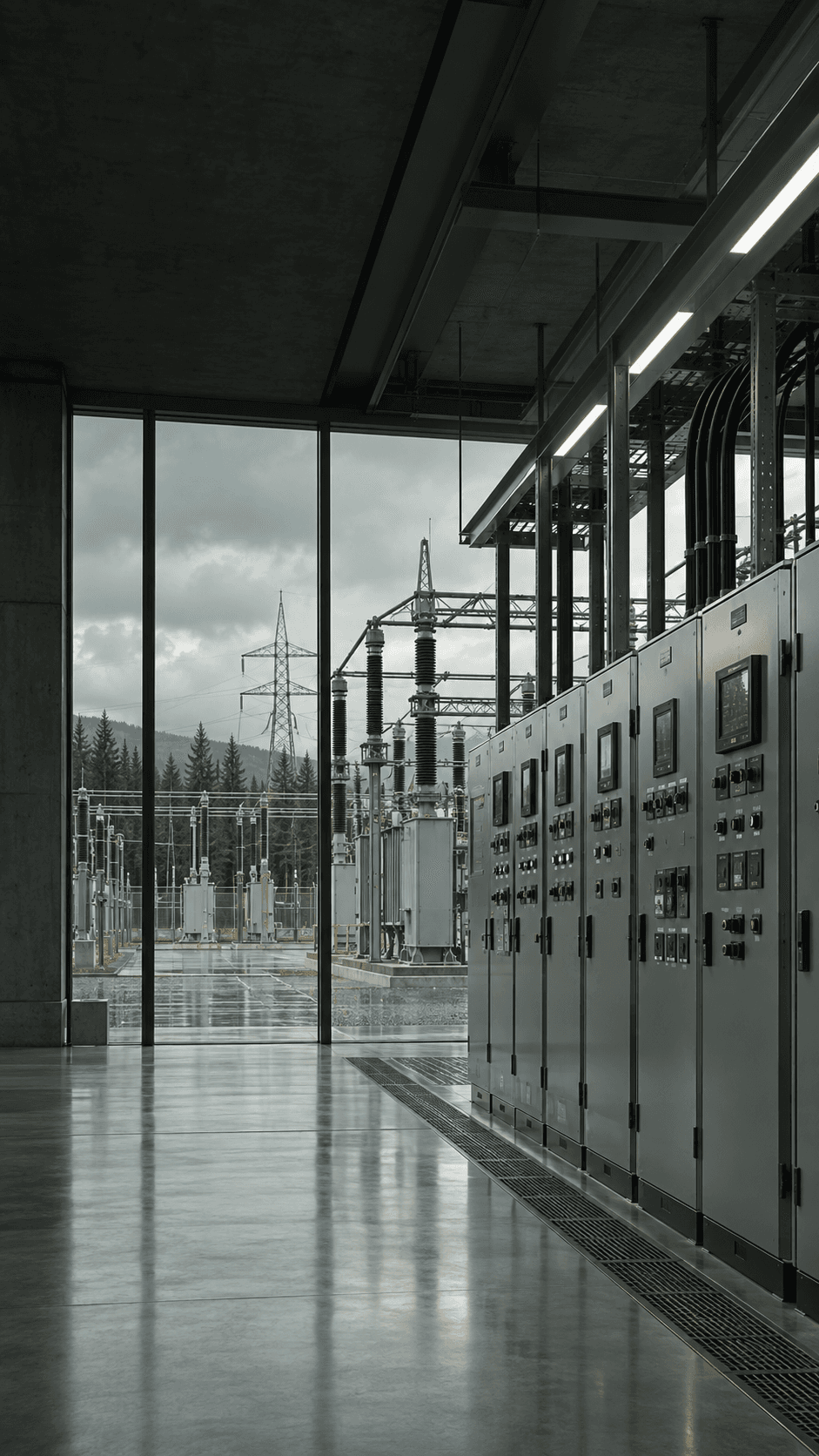 Sala de controle e proteção de uma subestação elétrica